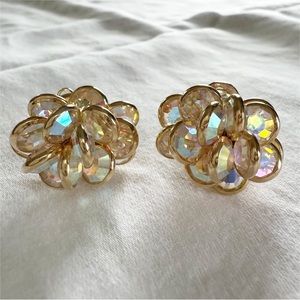 Vintage Iridescent Jewel Clip On Gold Earrings Antique Fashion Jewelry